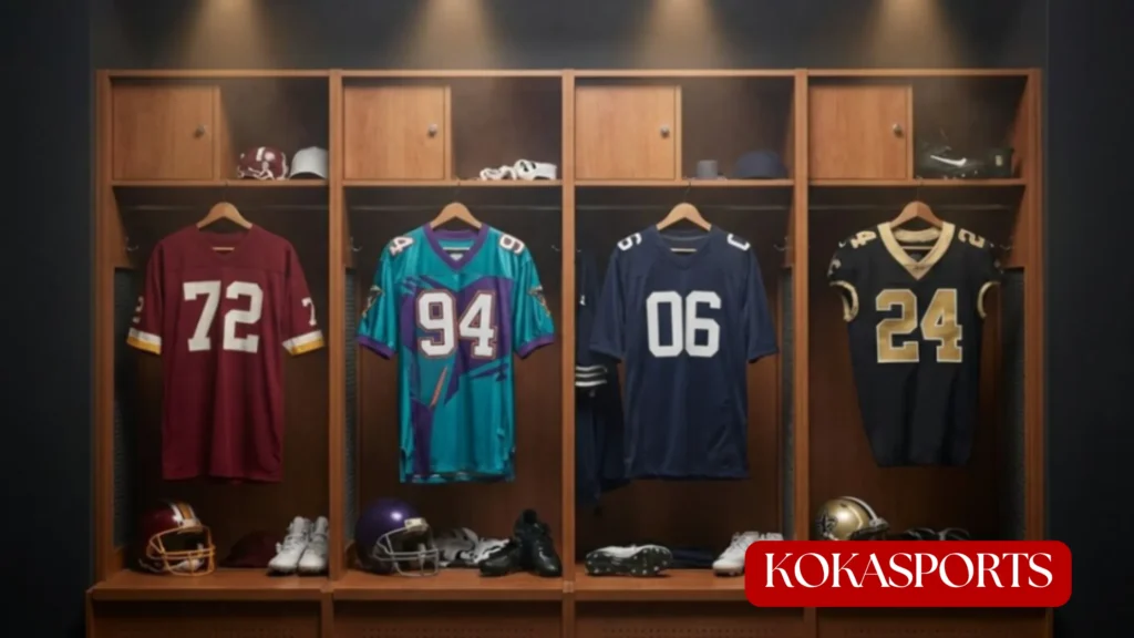 Four football jerseys hanging in the locker room displ